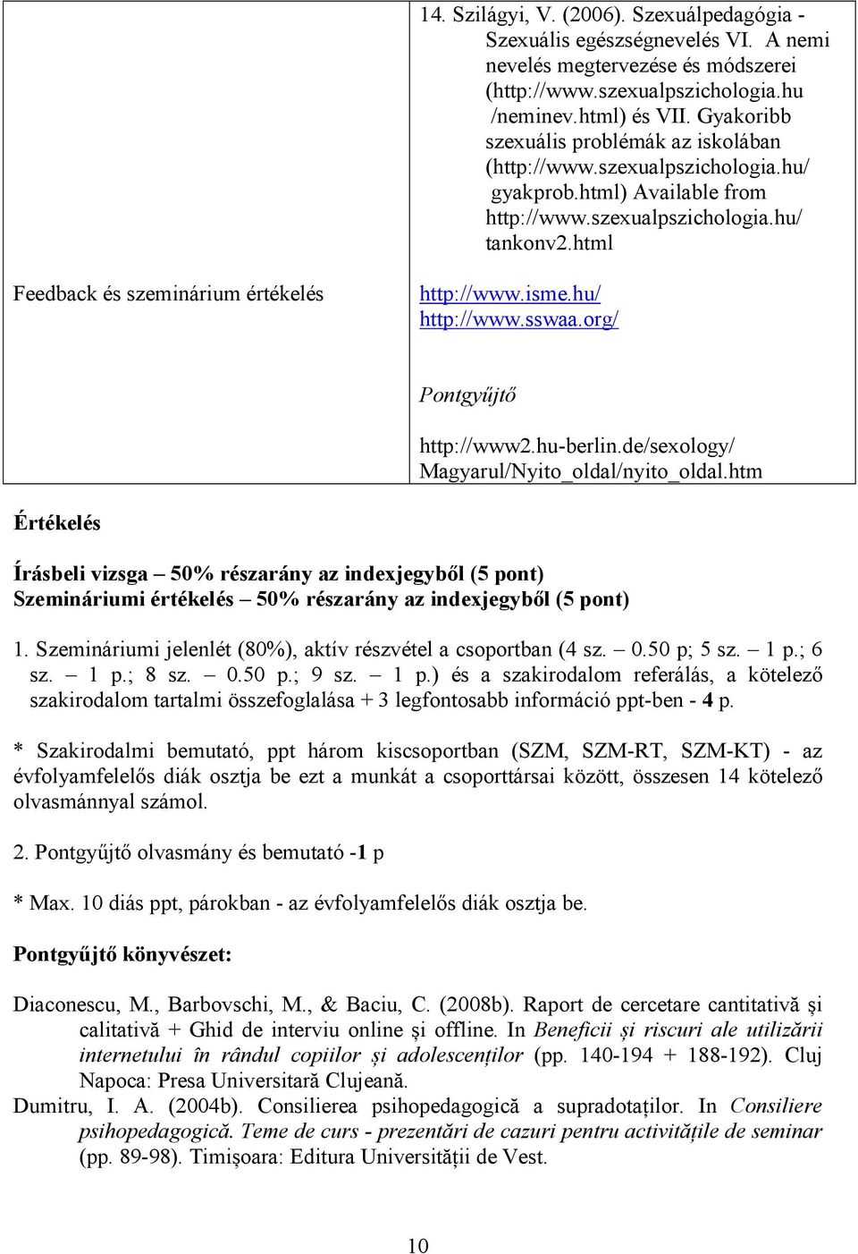 html Feedback és szeminárium értékelés http://www.isme.hu/ http://www.sswaa.org/ http://www2.hu-berlin.de/sexology/ Magyarul/Nyito_oldal/nyito_oldal.