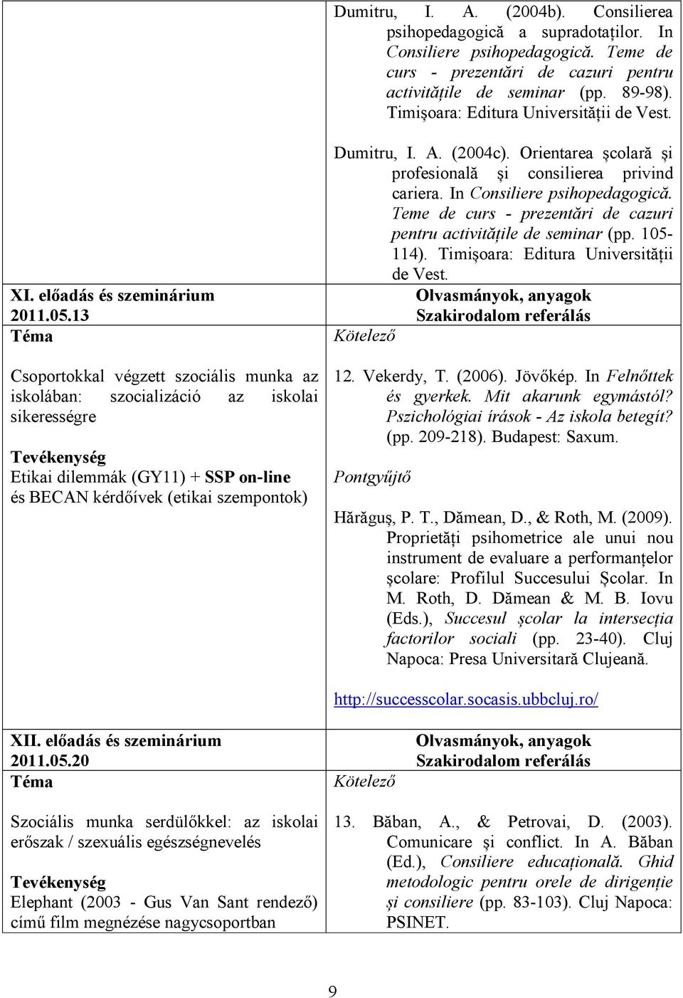 13 Csoportokkal végzett szociális munka az iskolában: szocializáció az iskolai sikerességre Etikai dilemmák (GY11) + SSP on-line és BECAN kérdőívek (etikai szempontok) Dumitru, I. A. (2004c).