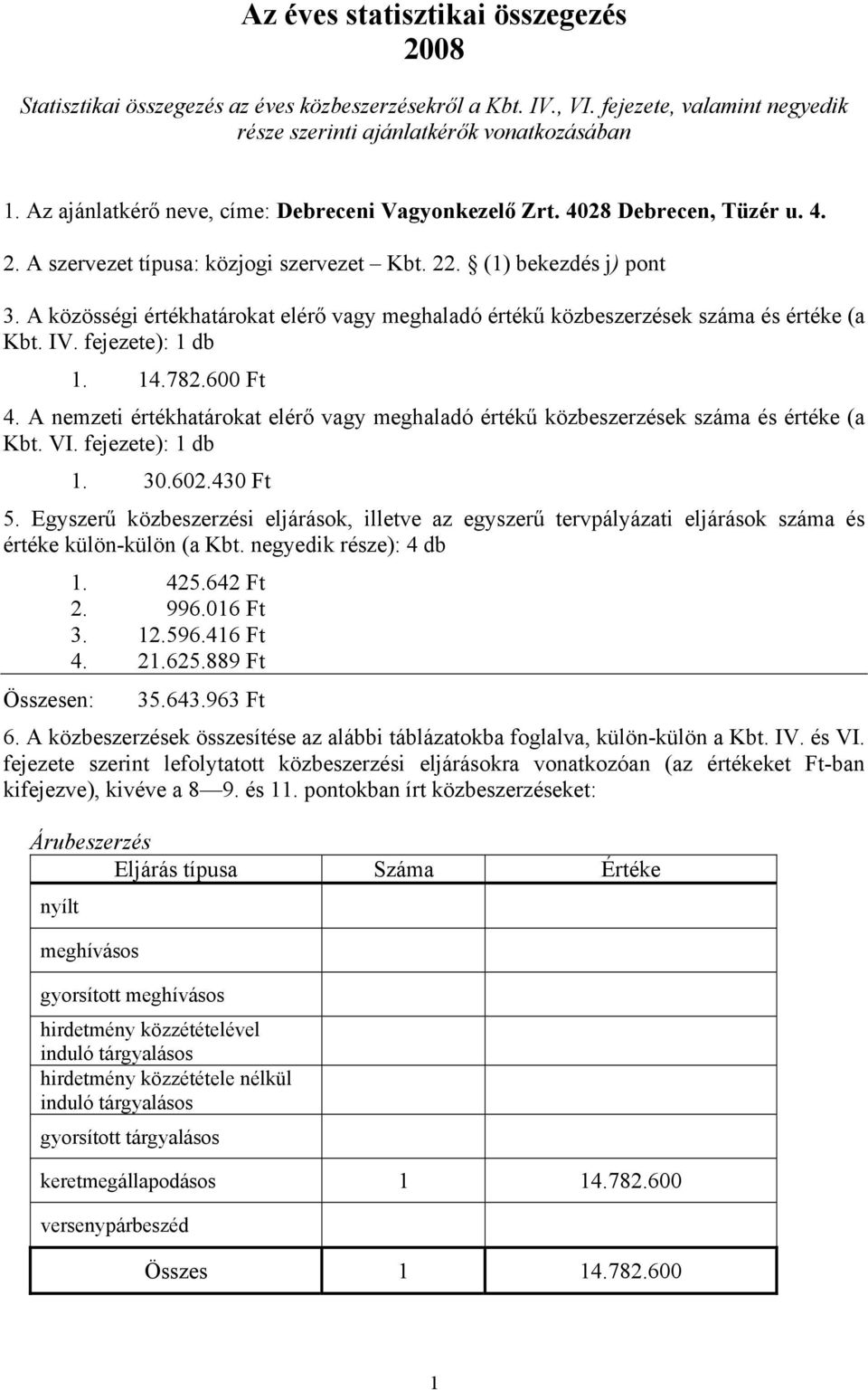 A közösségi értékhatárokat elérő vagy meghaladó értékű ek száma és értéke (a Kbt. IV. fejezete): 1 db 1. 14.782.600 Ft 4.