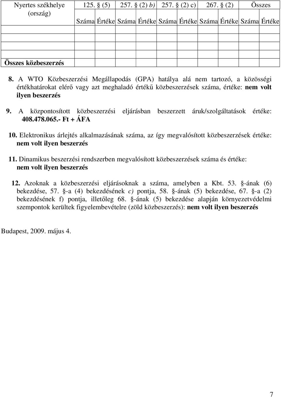 A központosított közbeszerzési eljárásban beszerzett áruk/szolgáltatások értéke: 408.478.065.- Ft + ÁFA 10.