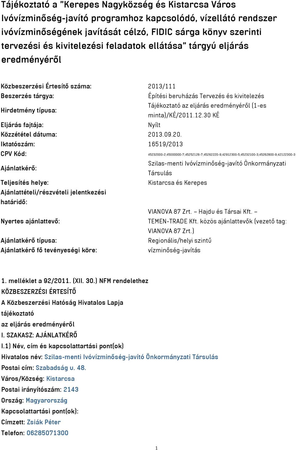 eljárás eredményéről (1-es minta)/ké/201