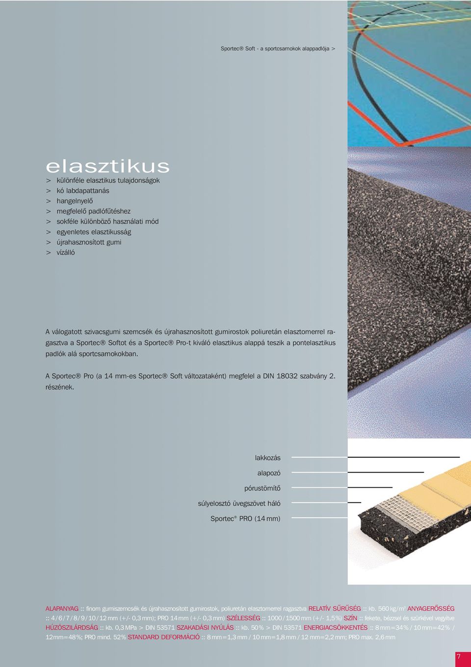 kiváló elasztikus alappá teszik a pontelasztikus padlók alá sportcsarnokokban. A Sportec Pro (a 14 mm-es Sportec Soft változataként) megfelel a DIN 18032 szabvány 2. részének.