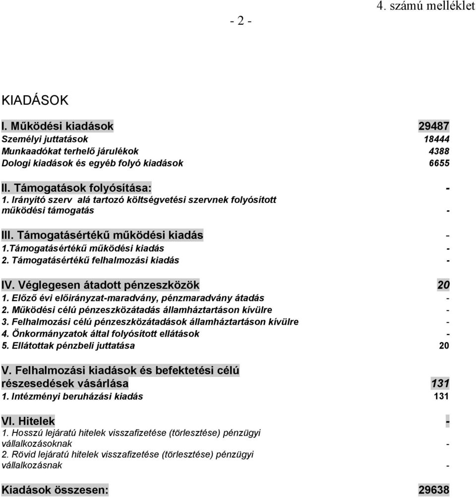 Véglegesen átadott pénzeszközök 20. Előző évi előirányzatmaradvány, pénzmaradvány átadás 2. Működési célú pénzeszközátadás államháztartáson kívülre 3.