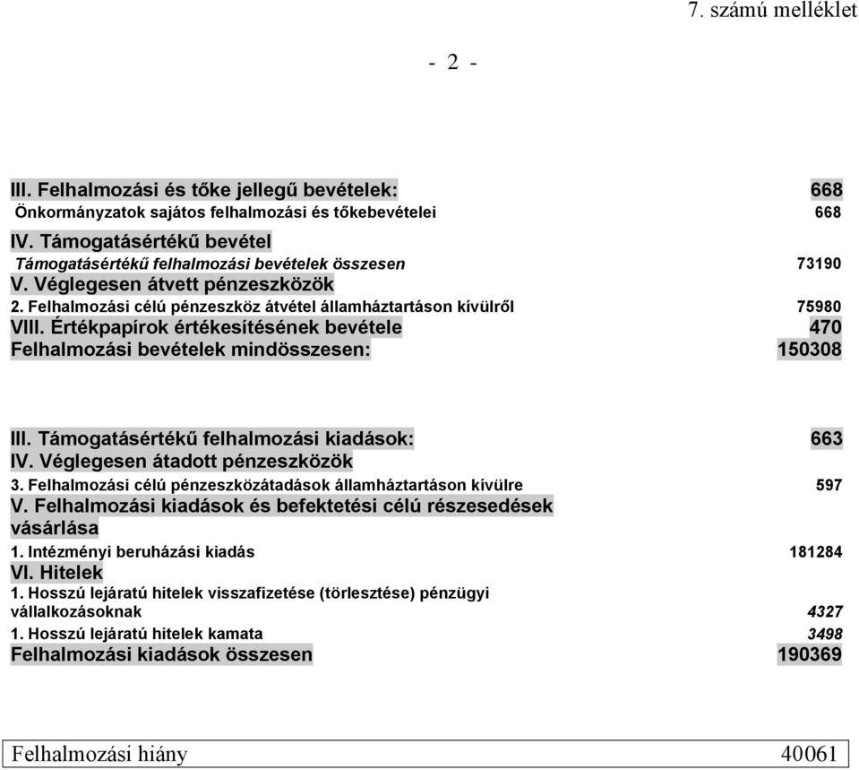 Értékpapírok értékesítésének bevétele 470 Felhalmozási bevételek mindösszesen: 50308 III. Támogatásértékű felhalmozási kiadások: 663 IV. Véglegesen átadott pénzeszközök 3.