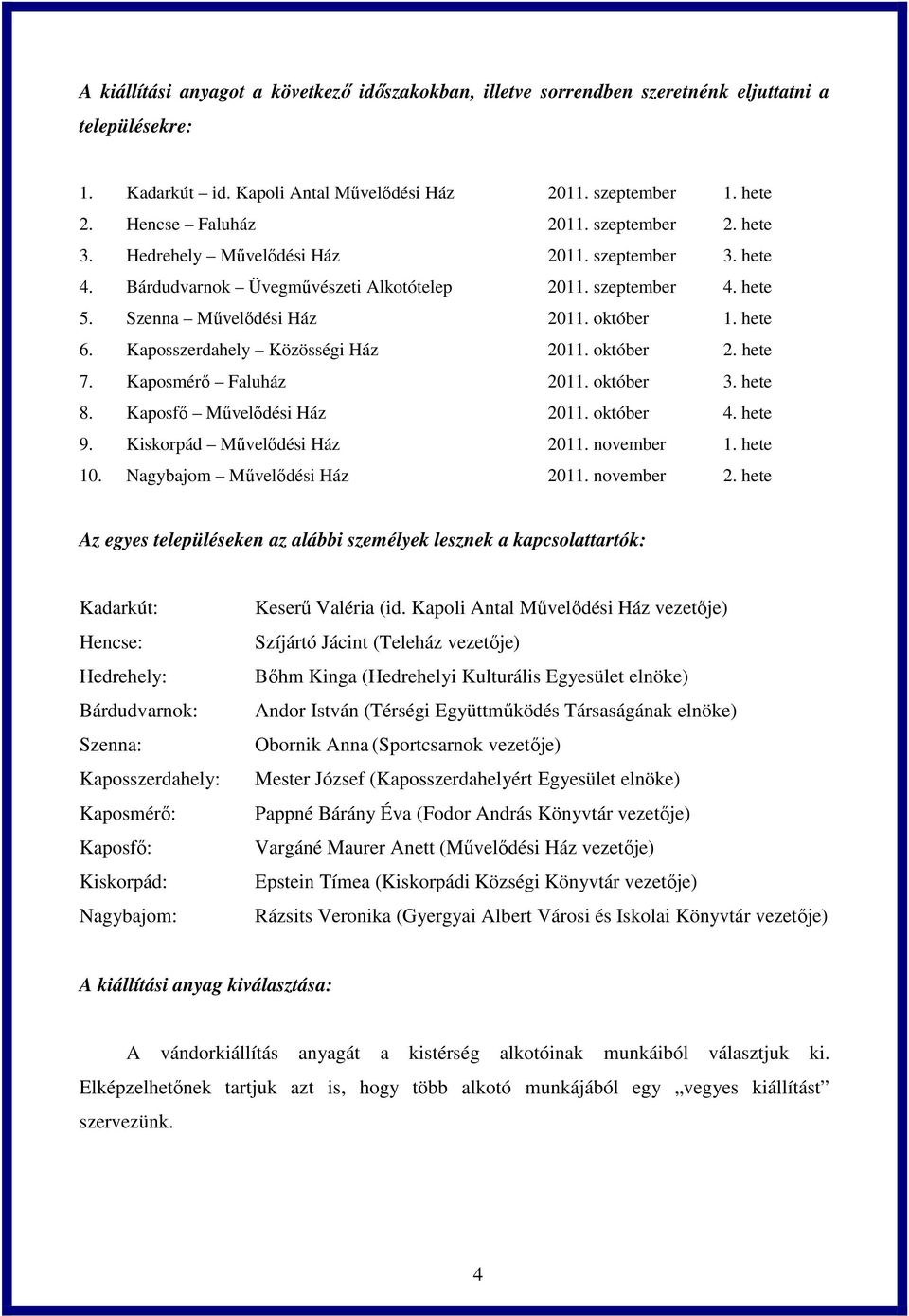 Kaposszerdahely Közösségi Ház 2011. október 2. hete 7. Kaposmérő Faluház 2011. október 3. hete 8. Kaposfő Művelődési Ház 2011. október 4. hete 9. Kiskorpád Művelődési Ház 2011. november 1. hete 10.