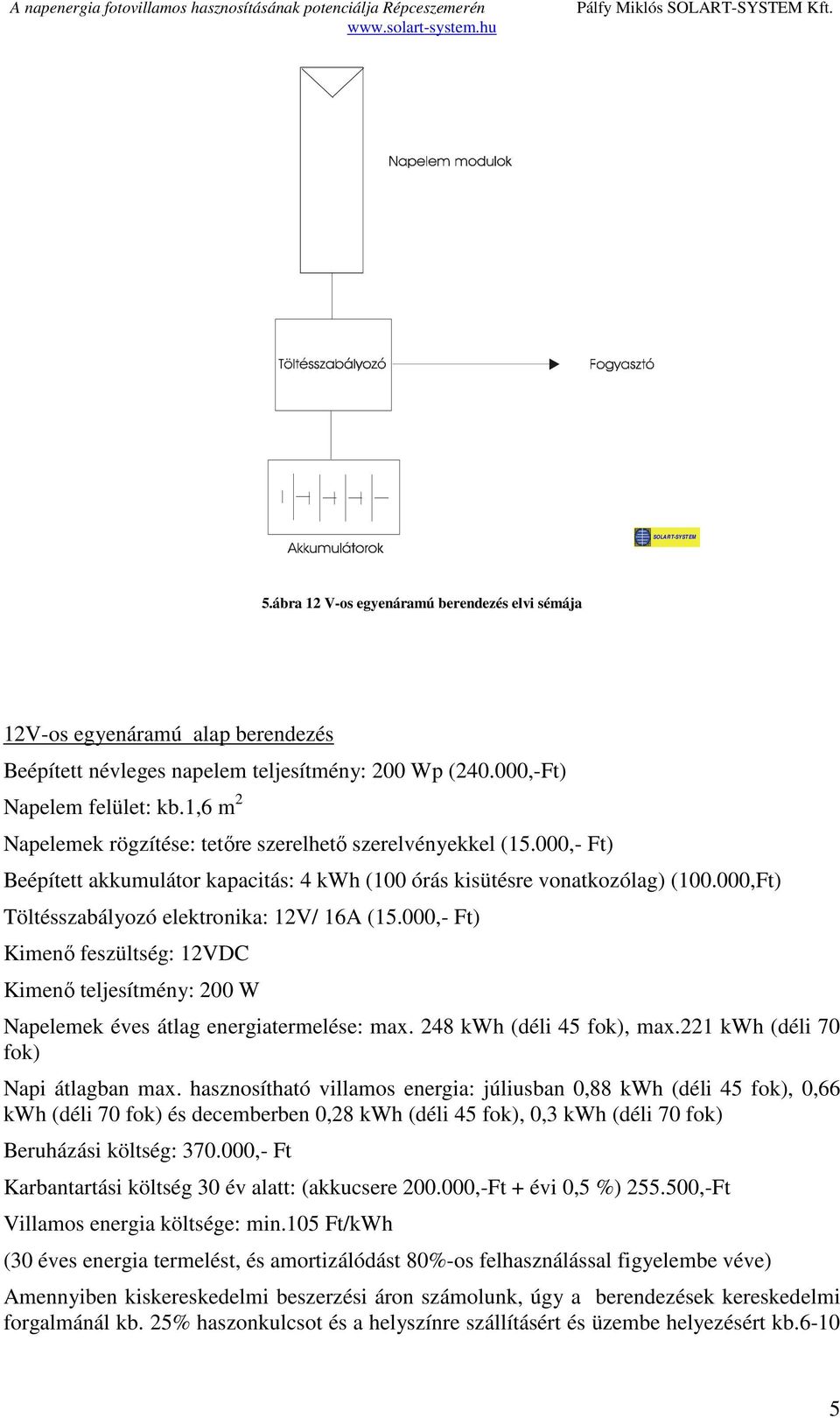 000,Ft) Töltésszabályozó elektronika: 12V/ 16A (15.000,- Ft) Kimenő feszültség: 12VDC Kimenő teljesítmény: 200 W Napelemek éves átlag energiatermelése: max. 248 kwh (déli 45 fok), max.