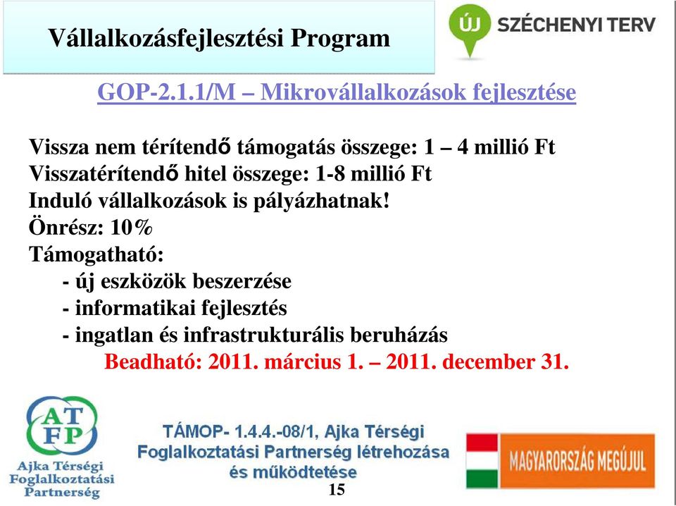 Visszatérítendı hitel összege: 1-8 millió Ft Induló vállalkozások is pályázhatnak!