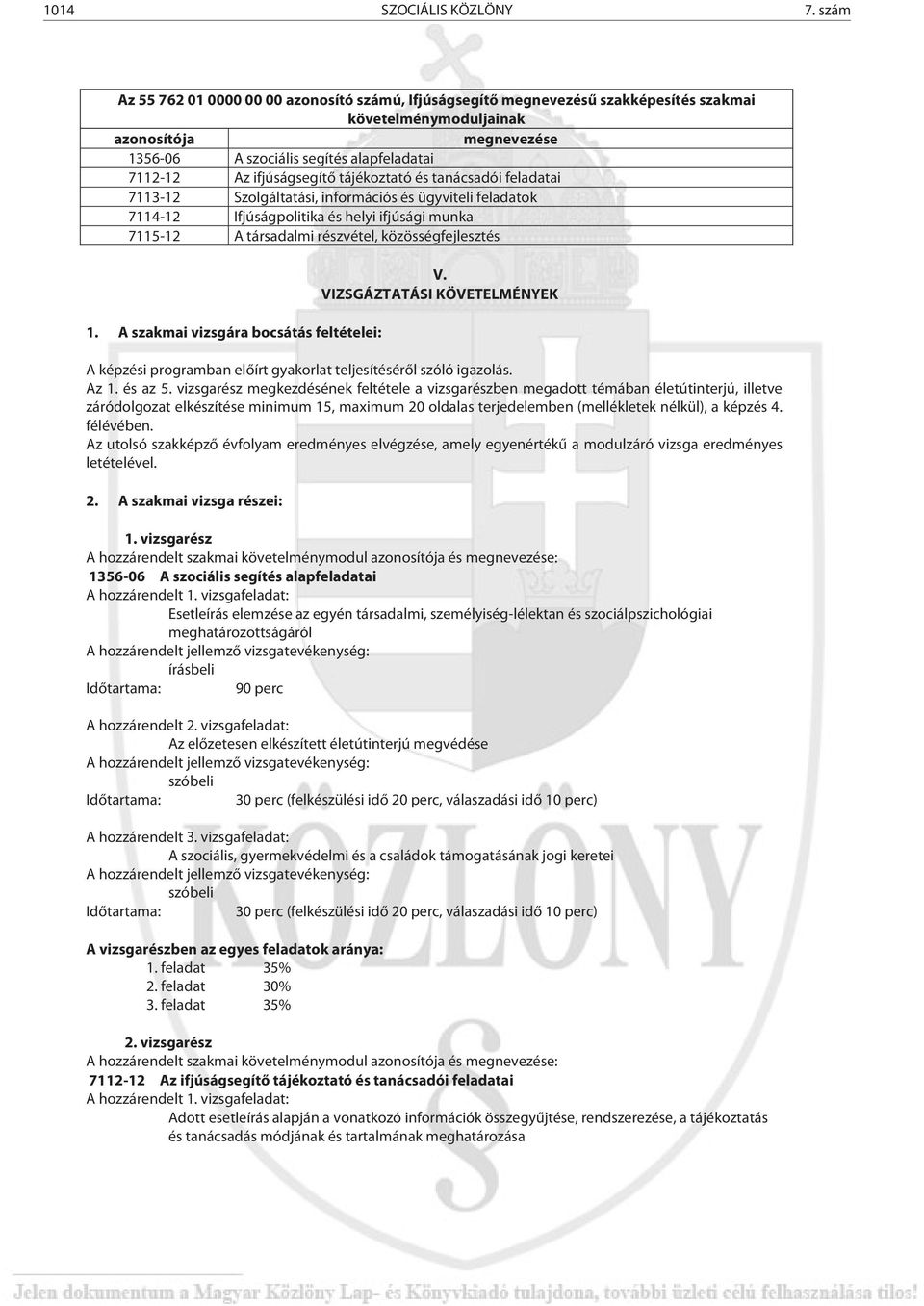 ifjúságsegítő tájékoztató és tanácsadói feladatai 7113-12 Szolgáltatási, információs és ügyviteli feladatok 7114-12 Ifjúságpolitika és helyi ifjúsági munka 7115-12 A társadalmi részvétel,
