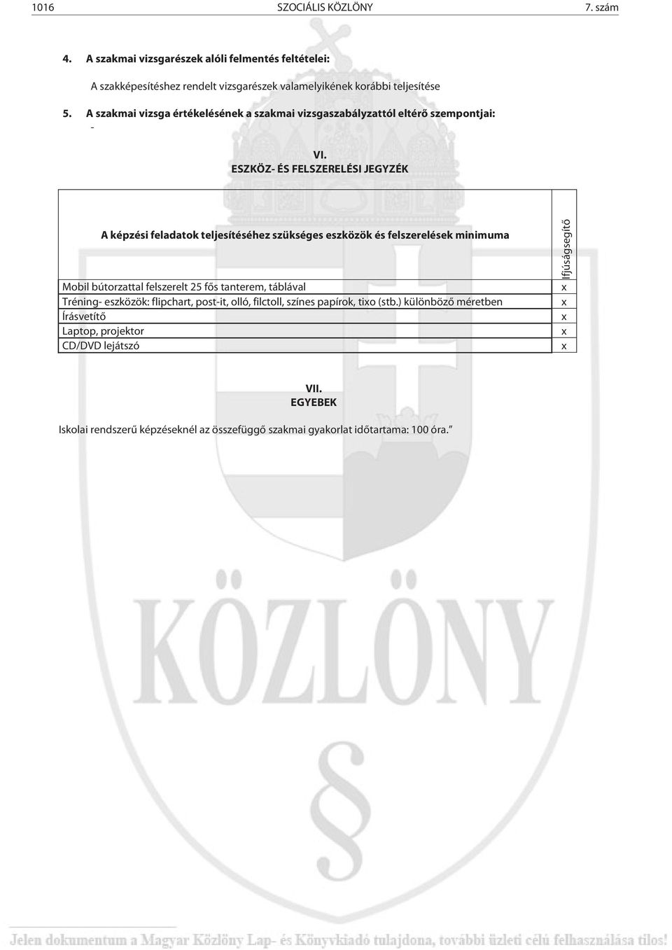 ESZKÖZ- ÉS FELSZERELÉSI JEGYZÉK A képzési feladatok teljesítéséhez szükséges eszközök és felszerelések minimuma Mobil bútorzattal felszerelt 25 fős tanterem, táblával