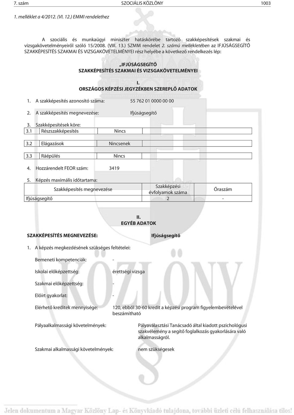 számú mellékletében az IFJÚSÁGSEGÍTŐ SZAKKÉPESÍTÉS SZAKMAI ÉS VIZSGAKÖVETELMÉNYEI rész helyébe a következő rendelkezés lép: IFJÚSÁGSEGÍTŐ SZAKKÉPESÍTÉS SZAKMAI ÉS VIZSGAKÖVETELMÉNYEI I.