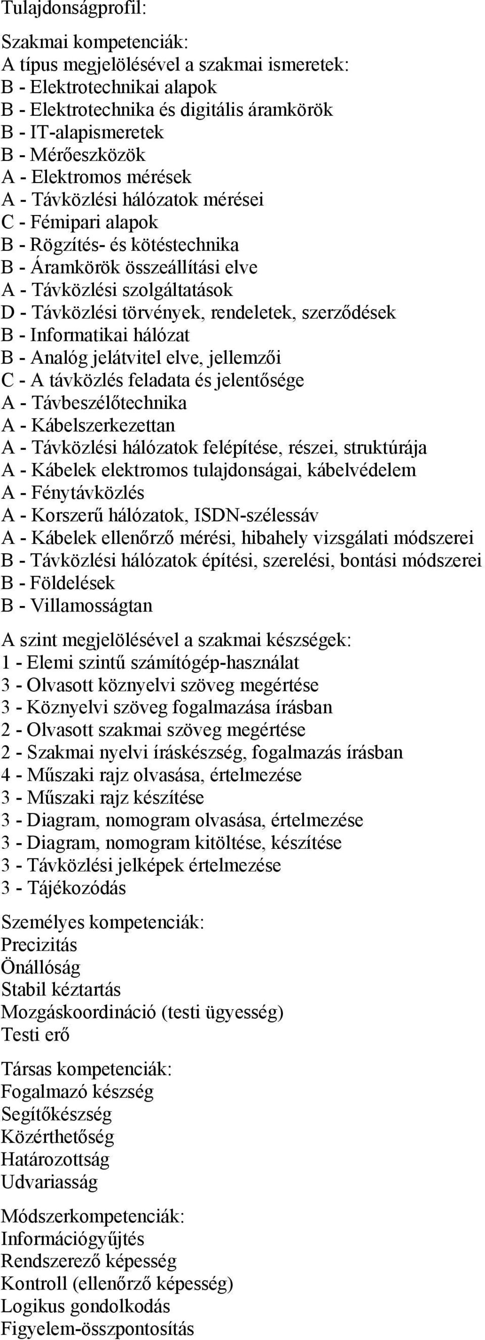 rendeletek, szerződések B - Informatikai hálózat B - Analóg jelátvitel elve, jellemzői C - A távközlés feladata és jelentősége A - Távbeszélőtechnika A - Kábelszerkezettan A - Távközlési hálózatok