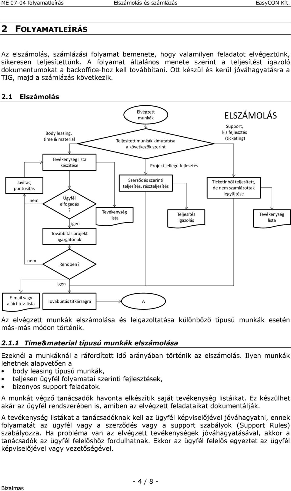 1 Elszámolás Az elvégzett munkák elszámolása és leigazoltatása különböző típusú munkák esetén más-más módon történik. 2.1.1 Time&material típusú munkák elszámolása Ezeknél a munkáknál a ráfordított idő arányában történik az elszámolás.