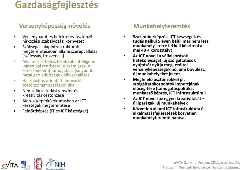 intelligens logisztikai rendszere, e-számlázás, e- kereskedelem) támogatása (súlypont: hazai geo adottságok kihasználása) Hasznosítás orientált innováció ösztönző támogatáspolitika Nemzetközi