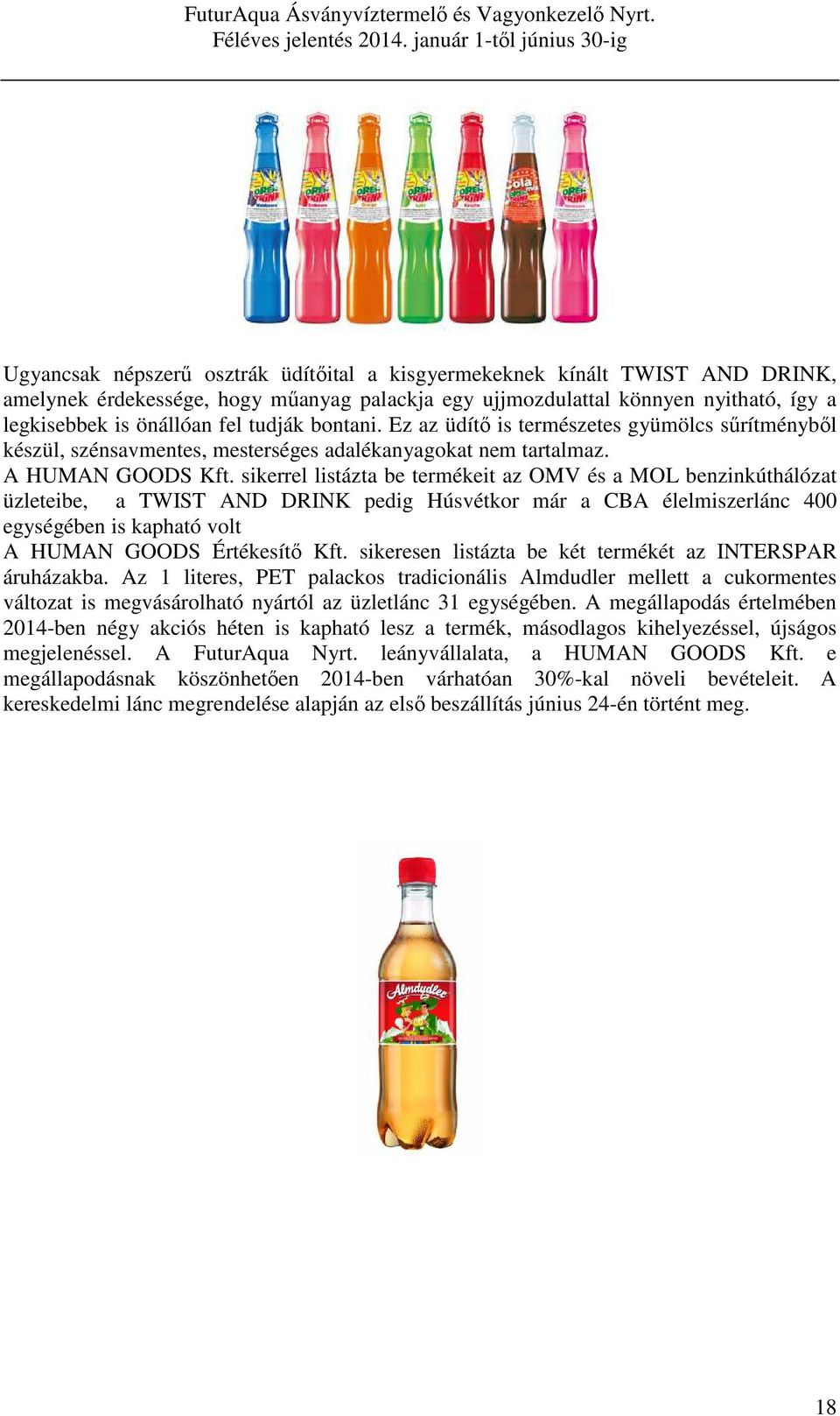 sikerrel listázta be termékeit az OMV és a MOL benzinkúthálózat üzleteibe, a TWIST AND DRINK pedig Húsvétkor már a CBA élelmiszerlánc 400 egységében is kapható volt A HUMAN GOODS Értékesítő Kft.