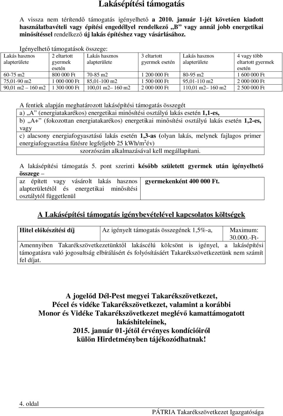 Igényelhet támogatások összege: 2 eltartott gyermek 3 eltartott gyermek 4 vagy több eltartott gyermek 60-75 m2 800 000 Ft 70-85 m2 1 200 000 Ft 80-95 m2 1 600 000 Ft 75,01-90 m2 1 000 000 Ft