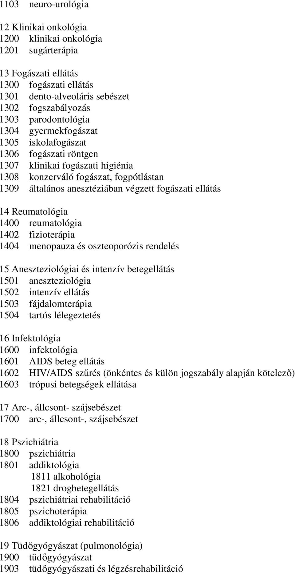 Reumatológia 1400 reumatológia 1402 fizioterápia 1404 menopauza és oszteoporózis rendelés 15 Aneszteziológiai és intenzív betegellátás 1501 aneszteziológia 1502 intenzív ellátás 1503 fájdalomterápia