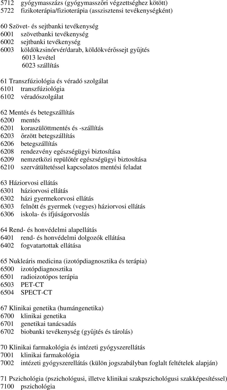 betegszállítás 6200 mentés 6201 koraszülöttmentés és -szállítás 6203 ırzött betegszállítás 6206 betegszállítás 6208 rendezvény egészségügyi biztosítása 6209 nemzetközi repülıtér egészségügyi