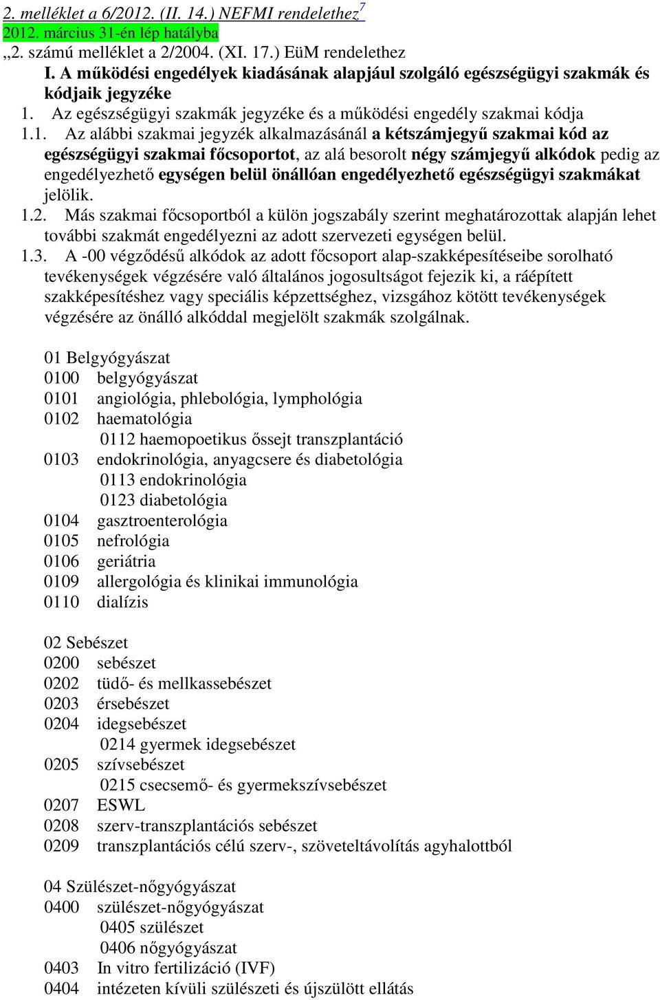 Az egészségügyi szakmák jegyzéke és a mőködési engedély szakmai kódja 1.