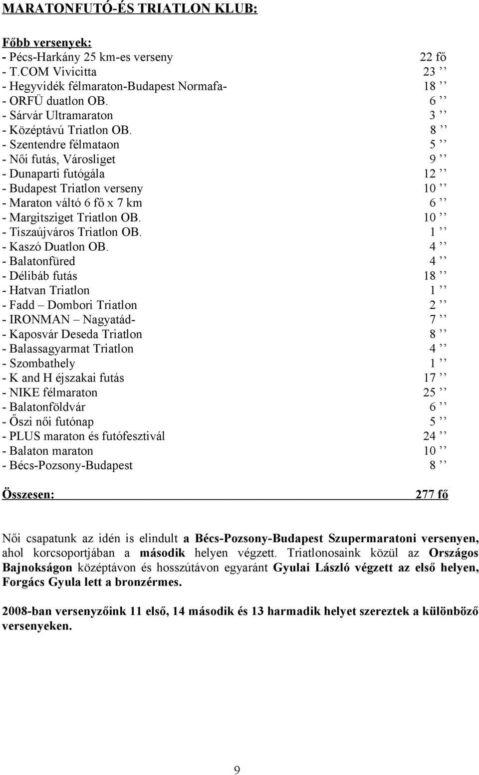 8 - Szentendre félmataon 5 - Női futás, Városliget 9 - Dunaparti futógála 12 - Budapest Triatlon verseny 10 - Maraton váltó 6 fő x 7 km 6 - Margitsziget Triatlon OB. 10 - Tiszaújváros Triatlon OB.