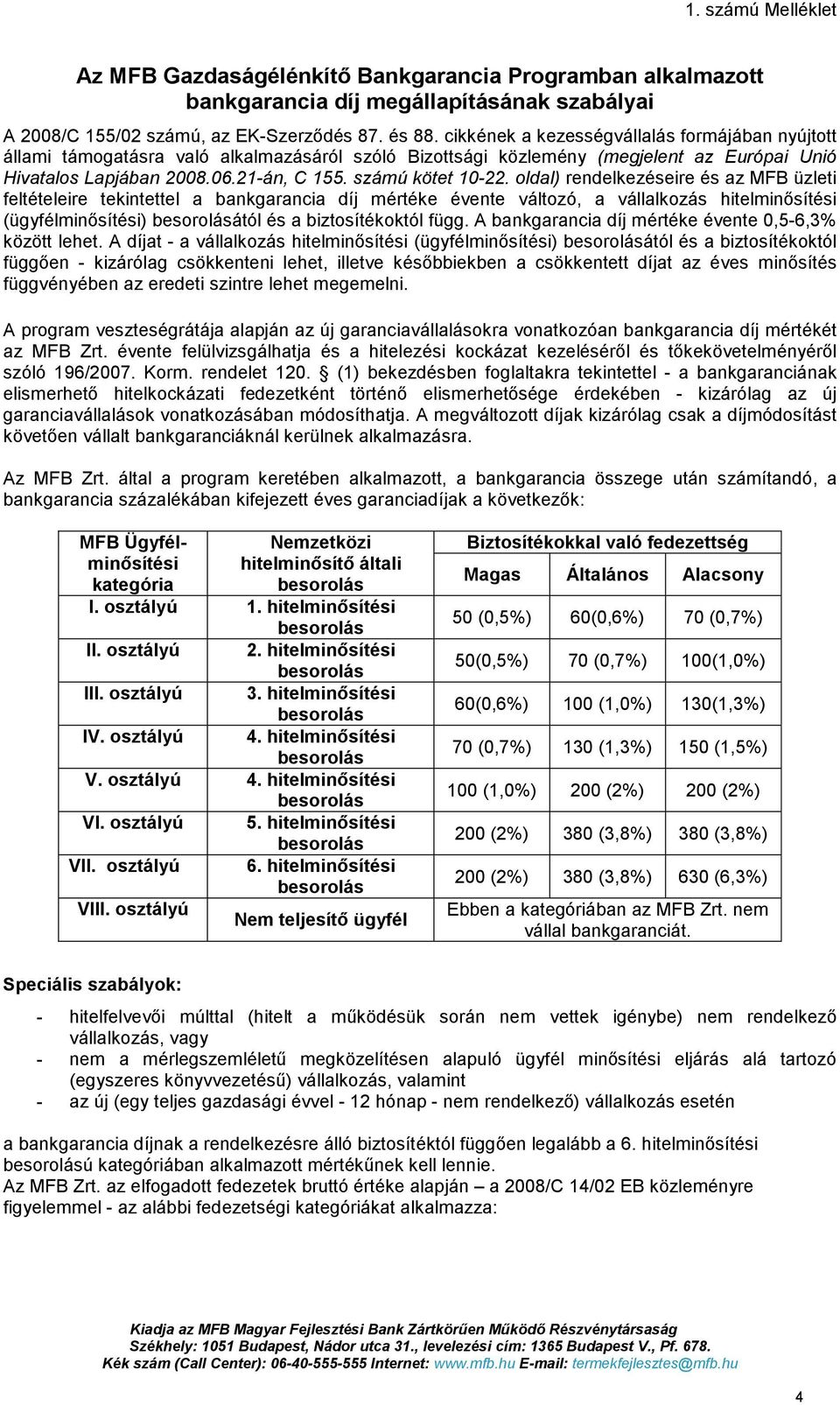 oldal) rendelkezéseire és az MFB üzleti feltételeire tekintettel a bankgarancia díj mértéke évente változó, a vállalkozás hitelminısítési (ügyfélminısítési) ától és a biztosítékoktól függ.