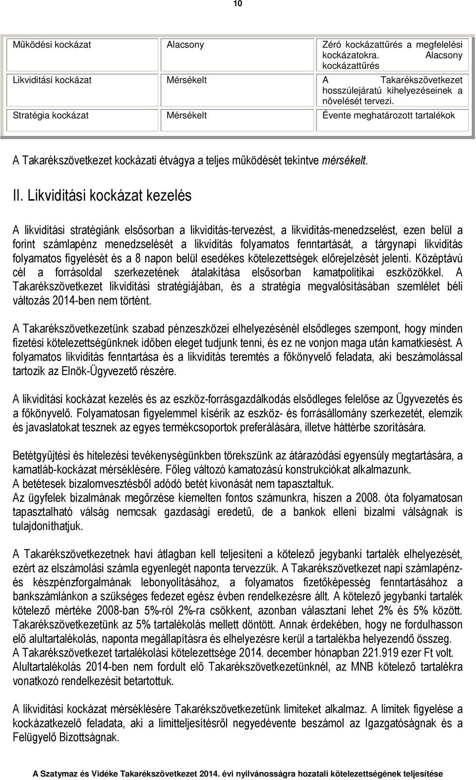 Stratégia kockázat Mérsékelt Évente meghatározott tartalékok A Takarékszövetkezet kockázati étvágya a teljes működését tekintve mérsékelt. II.