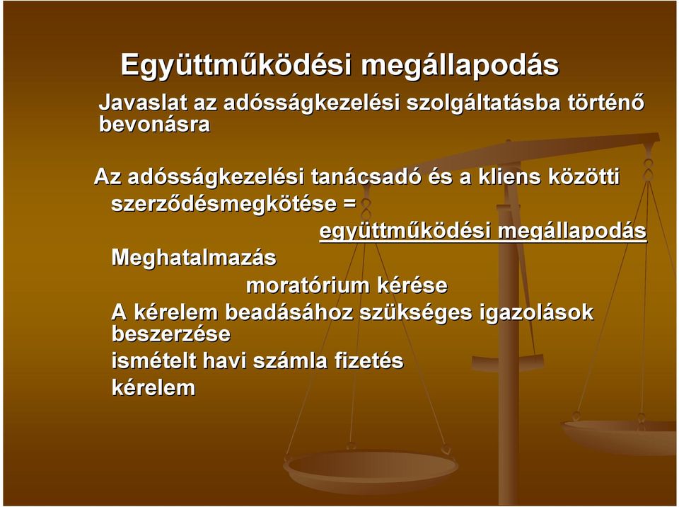 smegkötésese = együttm ttmőködési megállapod llapodás Meghatalmazás moratórium rium