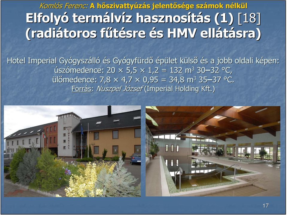 képen: k úszómedence: 20 5,5 1,2 = 132 m 3 30 32 32 C, ülımedence: 7,8 4,7 0,95 = 34,8 m 3