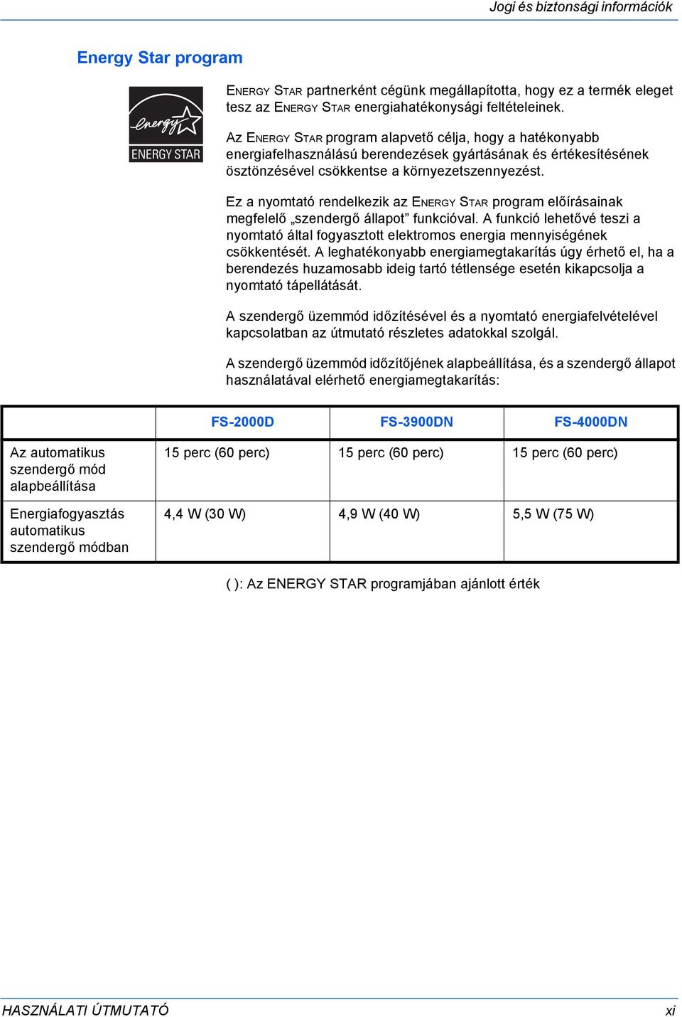 Ez a nyomtató rendelkezik az ENERGY STAR program előírásainak megfelelő szendergő állapot funkcióval.