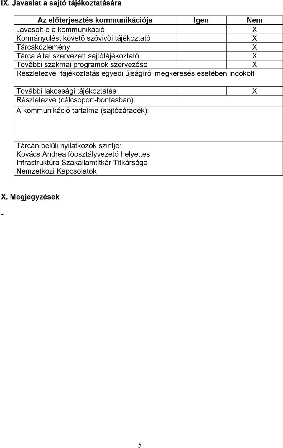 megkeresés esetében indokolt További lakossági tájékoztatás Részletezve (célcsoport-bontásban): A kommunikáció tartalma (sajtózáradék): X Tárcán