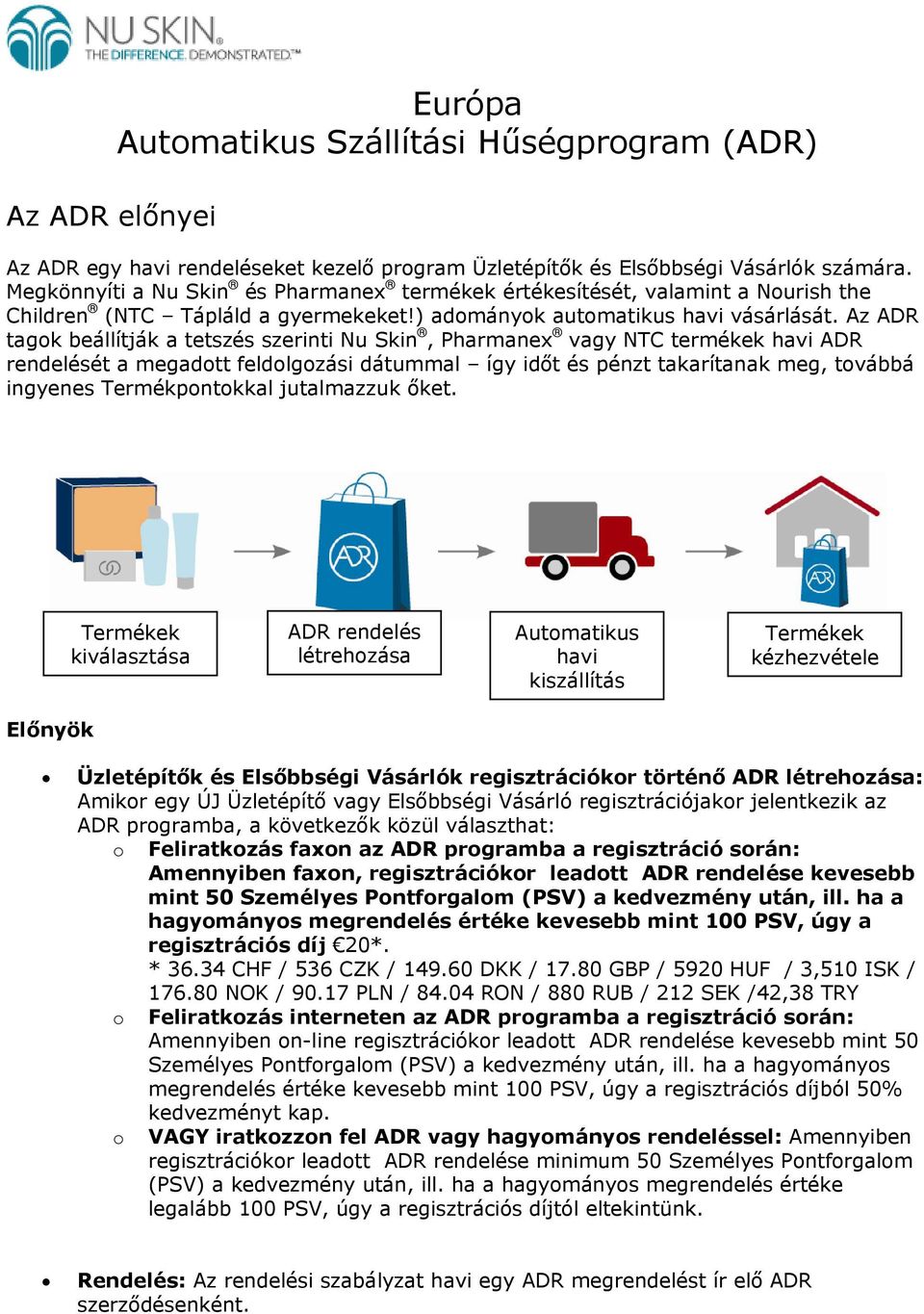 Az tagk beállítják a tetszés szerinti Nu Skin, Pharmanex vagy NTC termékek havi rendelését a megadtt feldlgzási dátummal így időt és pénzt takarítanak meg, tvábbá ingyenes Termékpntkkal jutalmazzuk