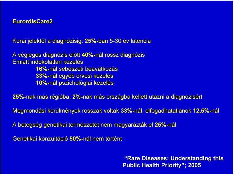 2%-nak más országba kellett utazni a diagnózisért Megmondási körülmények rosszak voltak 33%-nál, elfogadhatatlanok 12,5%-nál A betegség
