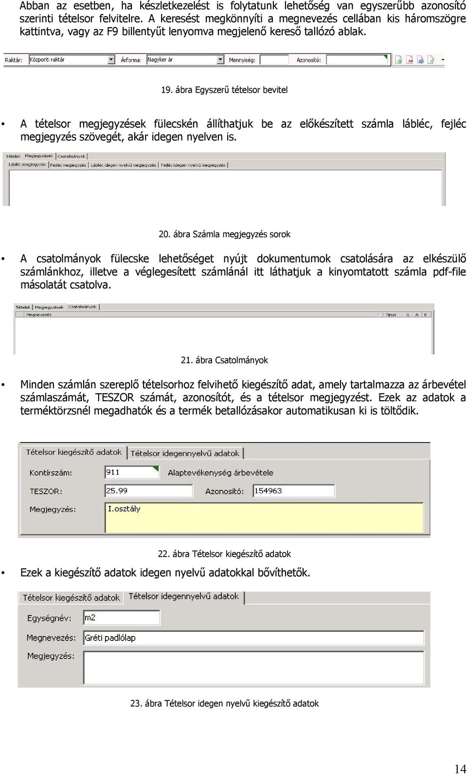 ábra Egyszerű tételsor bevitel A tételsor megjegyzések fülecskén állíthatjuk be az előkészített számla lábléc, fejléc megjegyzés szövegét, akár idegen nyelven is. 20.