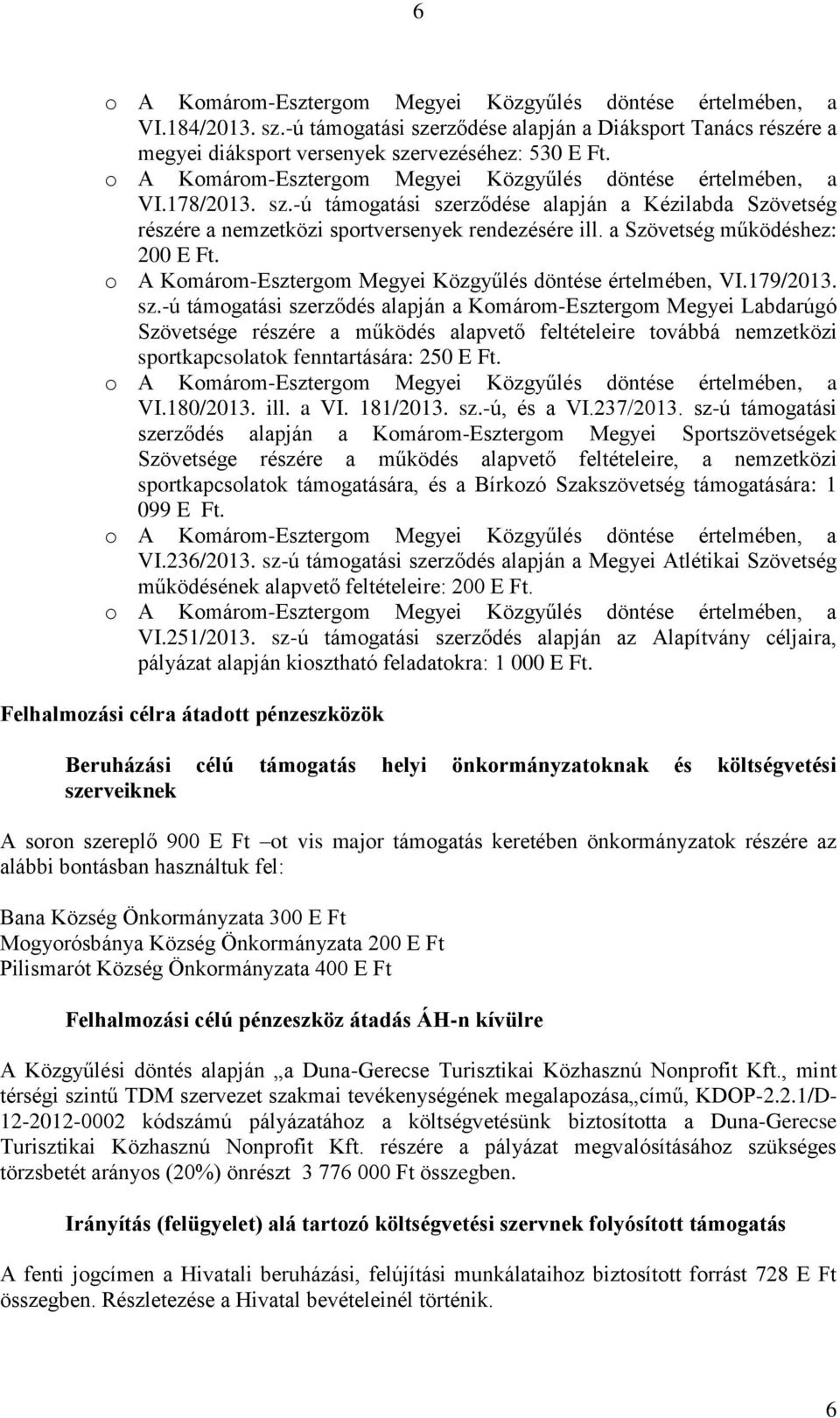 a Szövetség működéshez: 200 E Ft. o A Komárom-Esztergom Megyei Közgyűlés döntése értelmében, VI.179/2013. sz.