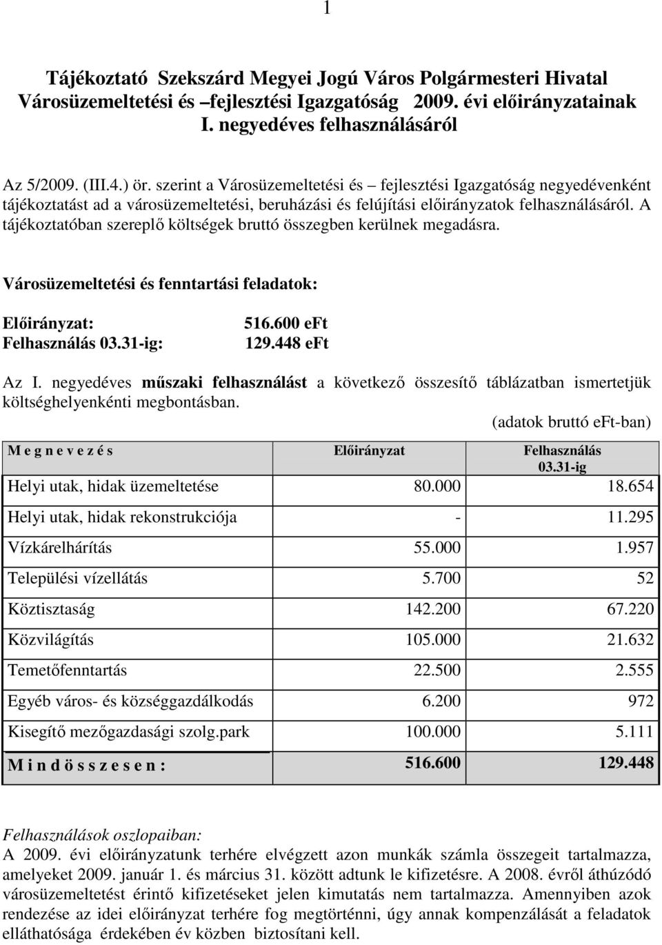 A tájékoztatóban szereplı költségek bruttó összegben kerülnek megadásra. Városüzemeltetési és fenntartási feladatok: Elıirányzat: Felhasználás 03.31-ig: 516.60 129.448 eft Az I.