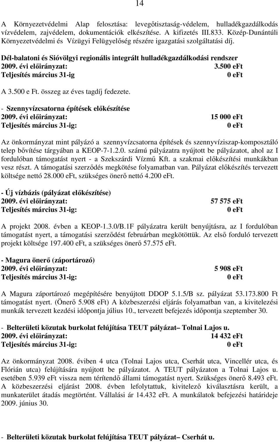50 Teljesítés március 31-ig A 3.500 e Ft. összeg az éves tagdíj fedezete. - Szennyvízcsatorna építések elıkészítése 2009.