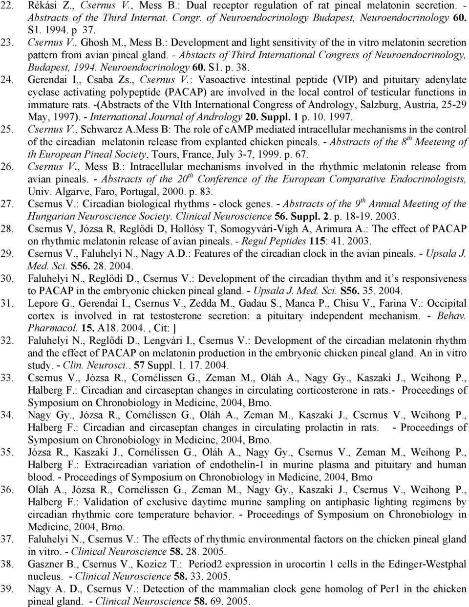 - Abstacts of Third International Congress of Neuroendocrinology, Budapest, 1994. Neuroendocrinology 60. S1. p. 38. 24. Gerendai I., Csaba Zs., Csernus V.