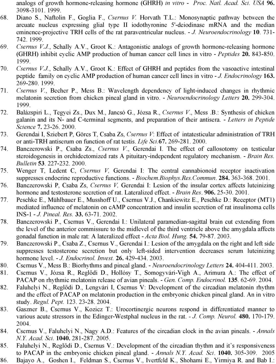Neuroendocrinology 10. 731-742. 1999. 69. Csernus V.J., Schally A.V., Groot K.
