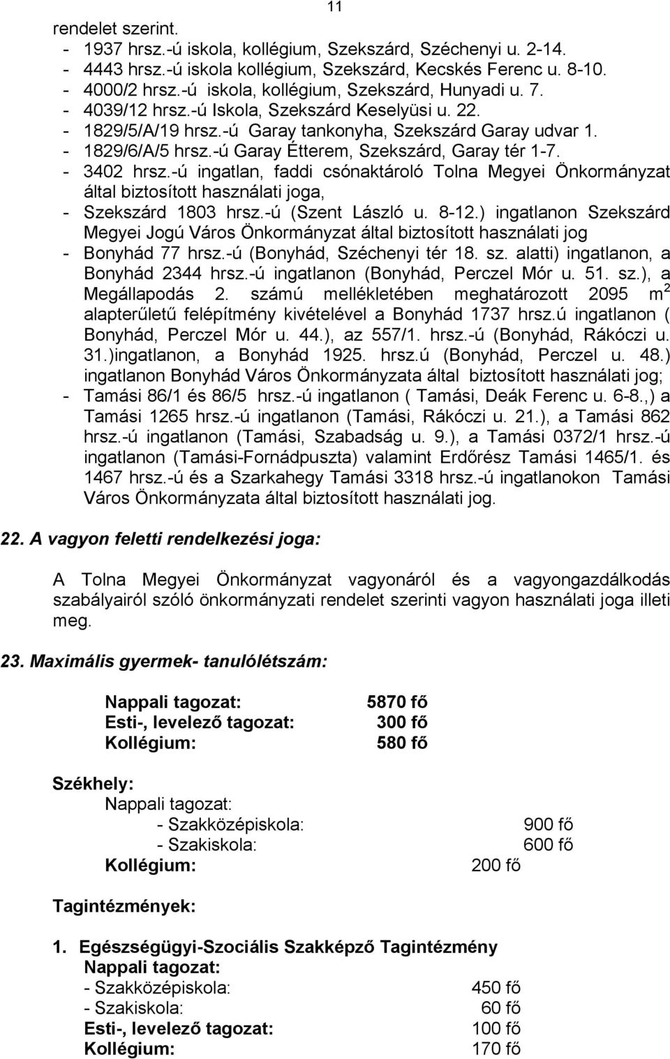 -ú Garay Étterem, Szekszárd, Garay tér 1-7. - 3402 hrsz.-ú ingatlan, faddi csónaktároló Tolna Megyei Önkormányzat által biztosított használati joga, - Szekszárd 1803 hrsz.-ú (Szent László u. 8-12.