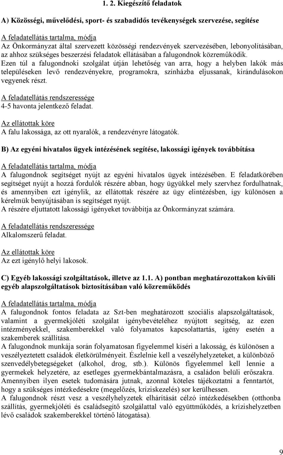 Ezen túl a falugondnoki szolgálat útján lehetőség van arra, hogy a helyben lakók más településeken levő rendezvényekre, programokra, színházba eljussanak, kirándulásokon vegyenek részt.