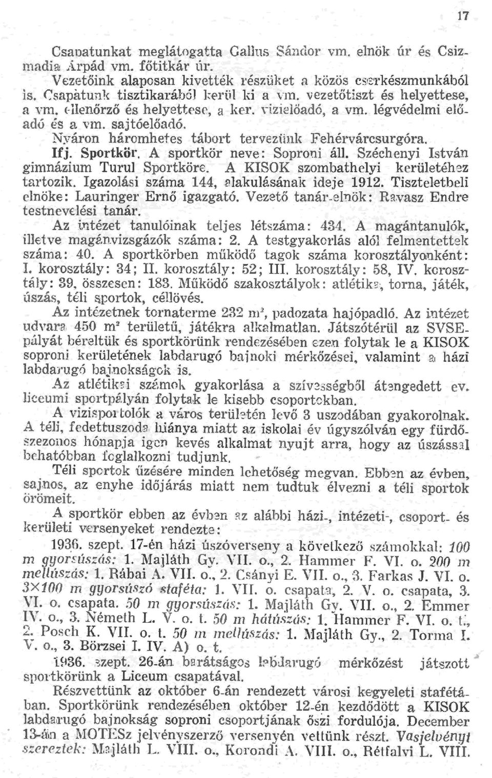 A sportkör neve: Soproni á. Széchenyi István gimnázium Turu Sportköre. A KISOK szombatheyi kerüetéhez tartozik. IgazoJási száma 44,.aJakuásának ideje 92. Tiszteetbei enöke: Lauringer Ernő igazgató.