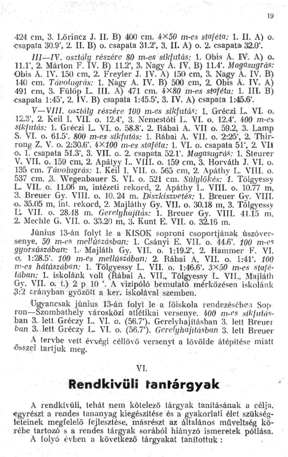 Füöp L. III. A) 47 cm. 4X80 m-es stgféta:. III. B).csapata :45', 2. IV. B) csapata :45.5', 3. IV. A) csapata :46.6'. V- VIII. osztiy részére 00 m-es sikfutás: L Gréczi L. VI. o. 2.3', 2. Kei. VII. o. 2.4', 3.