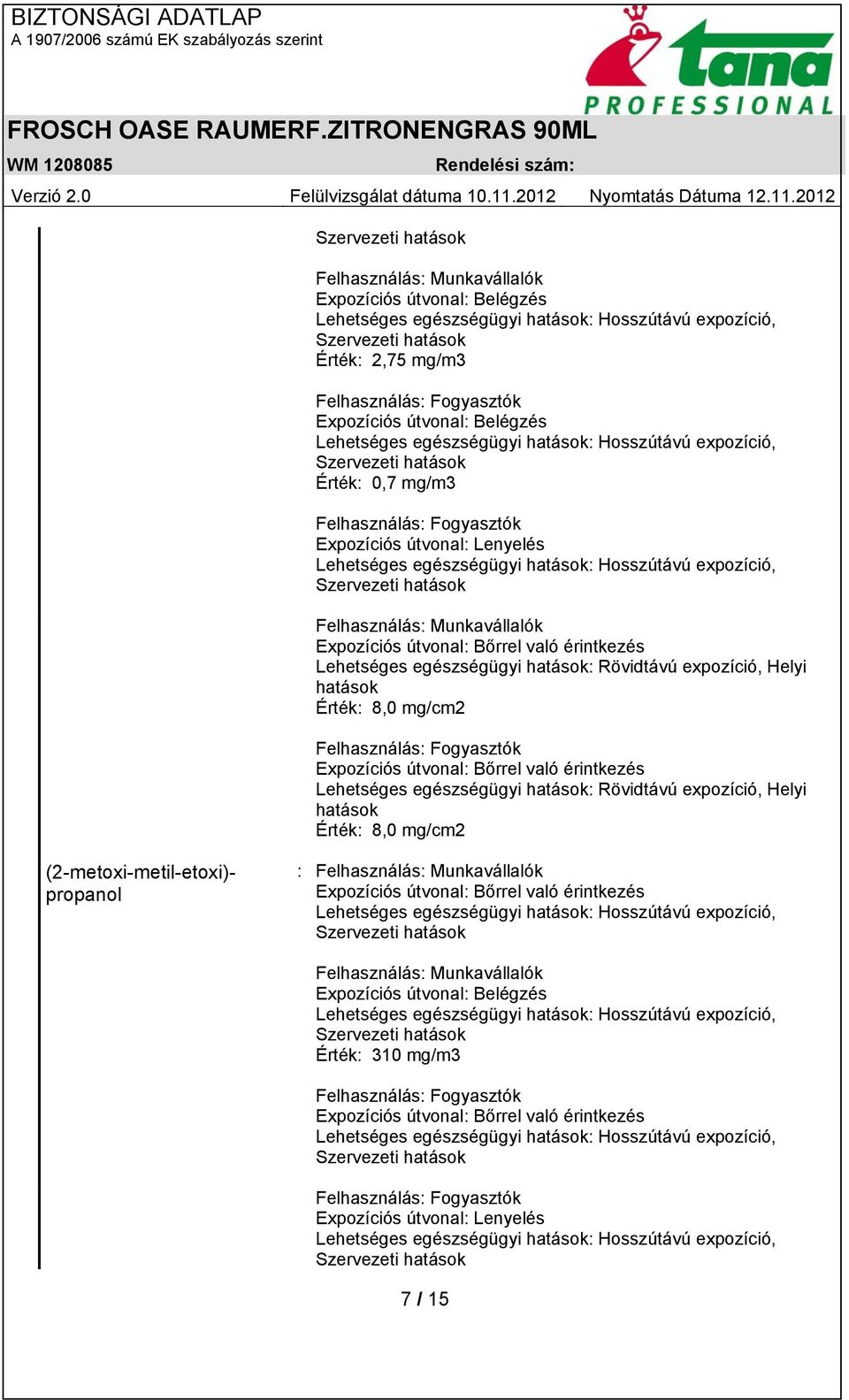 Lehetséges egészségügyi hatások: Rövidtávú expozíció, Helyi hatások Érték: 8,0 mg/cm2