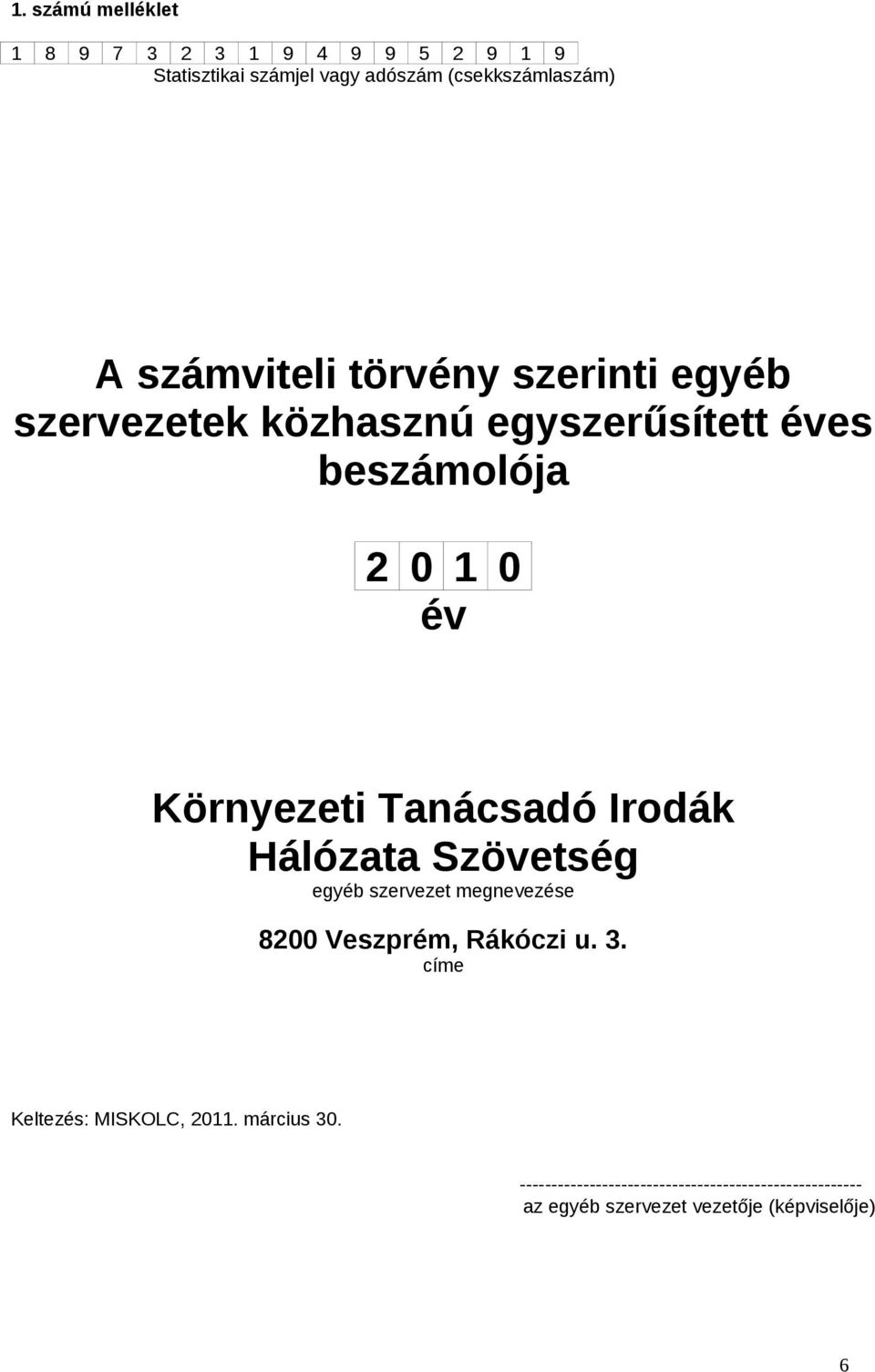 Tanácsadó Irodák Hálózata Szövetség egyéb szervezet megnevezése 8200 Veszprém, Rákóczi u. 3.