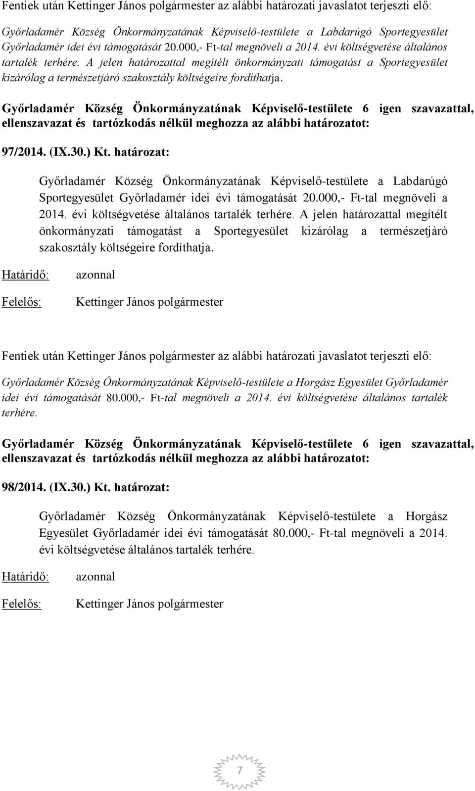 A jelen határozattal megítélt önkormányzati támogatást a Sportegyesület kizárólag a természetjáró szakosztály költségeire fordíthatja. 97/2014. (IX.30.) Kt.