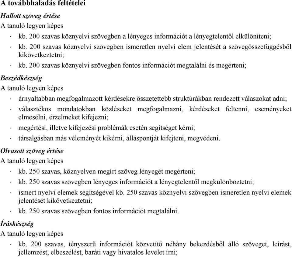 200 szavas köznyelvi szövegben fontos információt megtalálni és megérteni; Beszédkészség árnyaltabban megfogalmazott kérdésekre összetettebb struktúrákban rendezett válaszokat adni; választékos