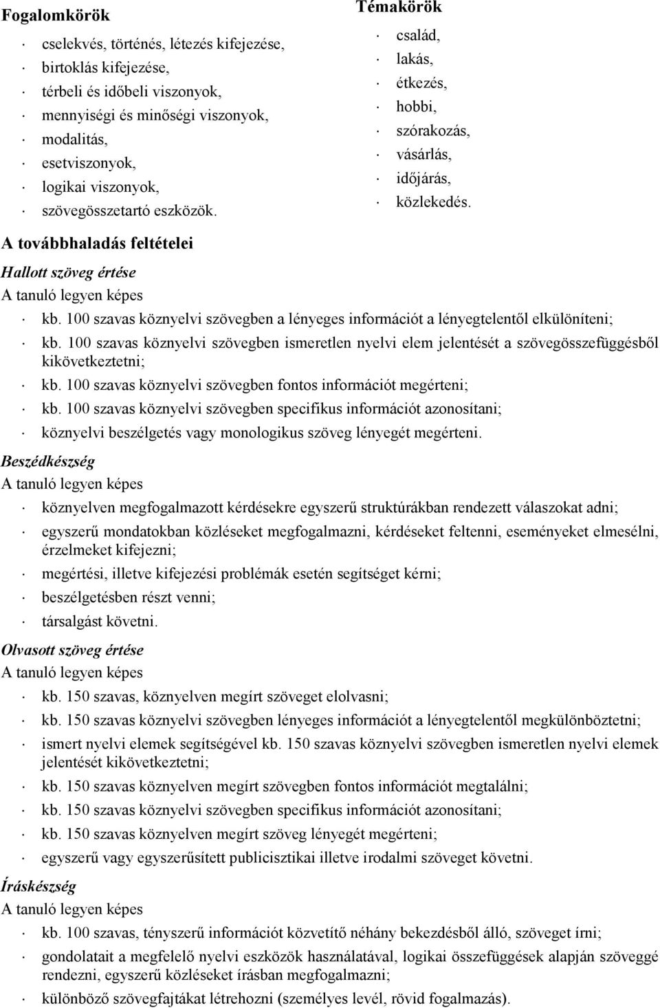 100 szavas köznyelvi szövegben a lényeges információt a lényegtelentıl elkülöníteni; kb. 100 szavas köznyelvi szövegben ismeretlen nyelvi elem jelentését a szövegösszefüggésbıl kikövetkeztetni; kb.