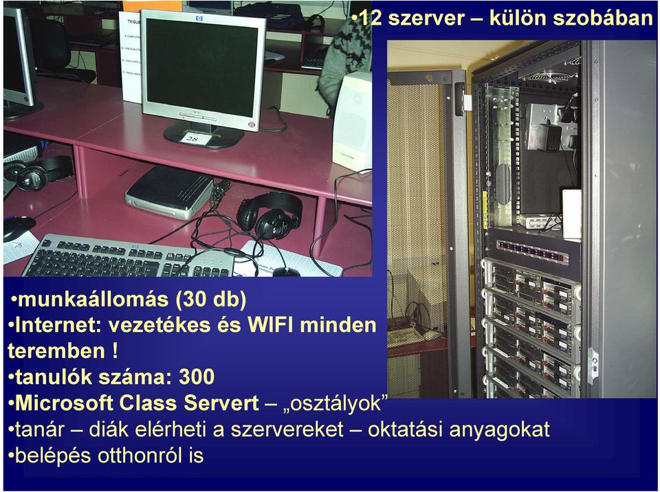 tanulók száma: 300 Microsoft Class Servert osztályok
