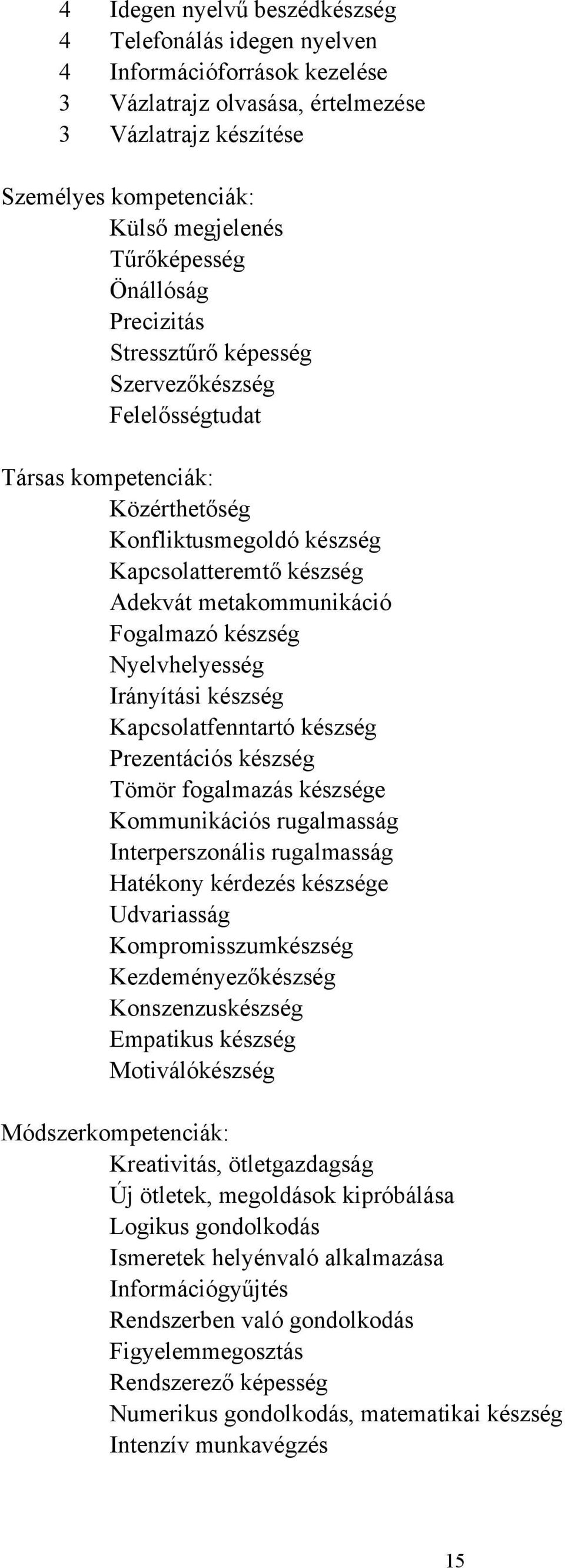 Fogalmazó készség Nyelvhelyesség Irányítási készség Kapcsolatfenntartó készség Prezentációs készség Tömör fogalmazás készsége Kommunikációs rugalmasság Interperszonális rugalmasság Hatékony kérdezés