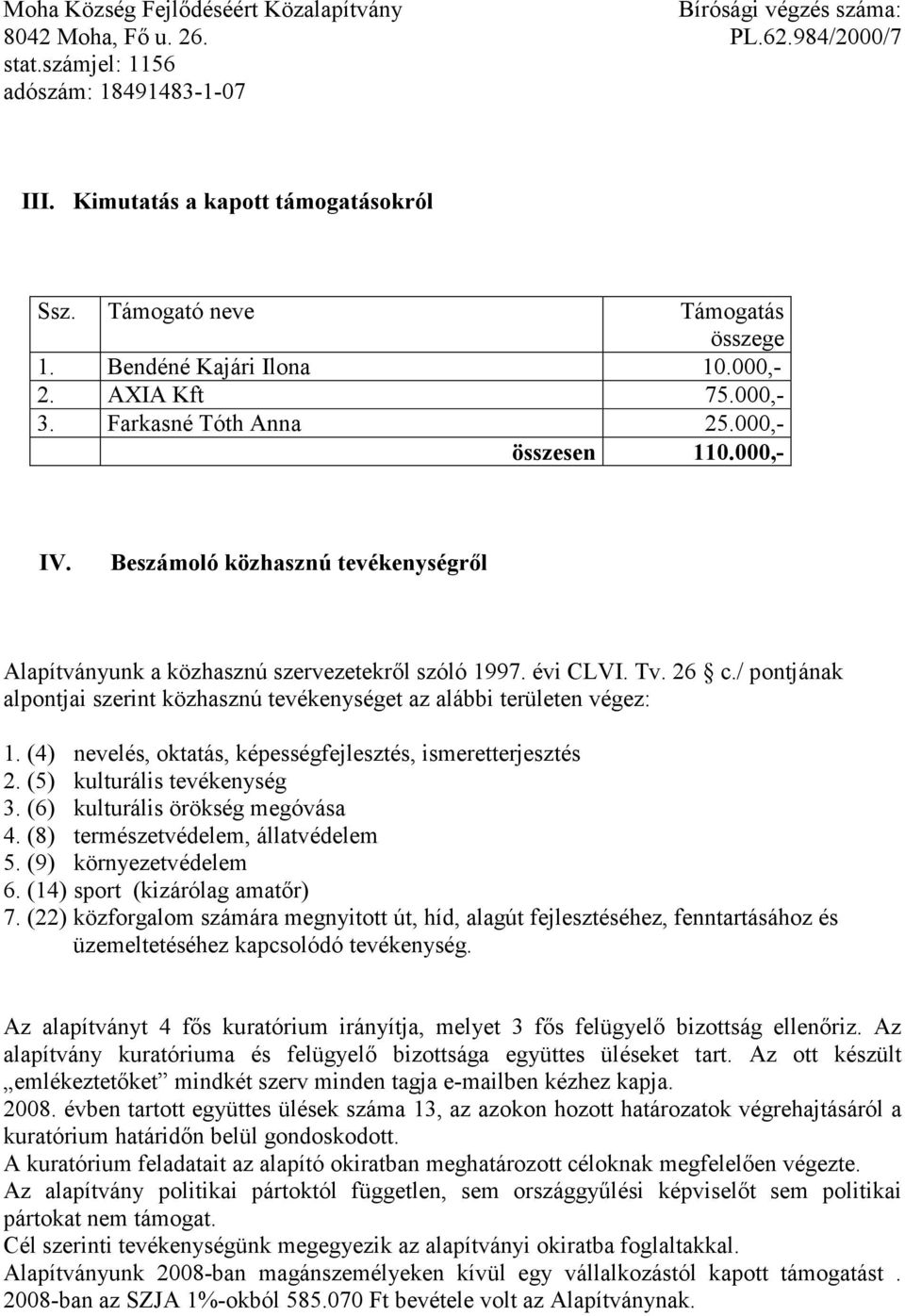 (4) nevelés, oktatás, képességfejlesztés, ismeretterjesztés 2. (5) kulturális tevékenység 3. (6) kulturális örökség megóvása 4. (8) természetvédelem, állatvédelem 5. (9) környezetvédelem 6.