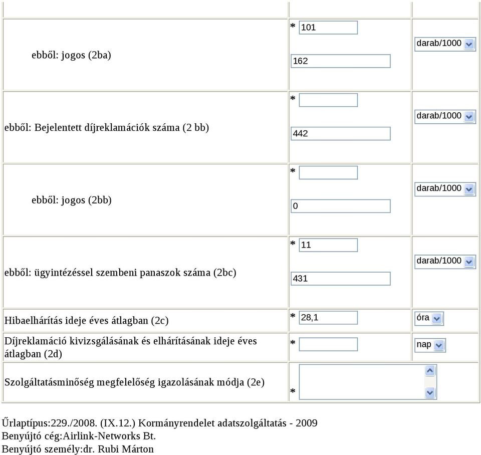 kivizsgálásának és elhárításának ideje éves átlagban (2d) Szolgáltatásminőség megfelelőség igazolásának módja (2e)